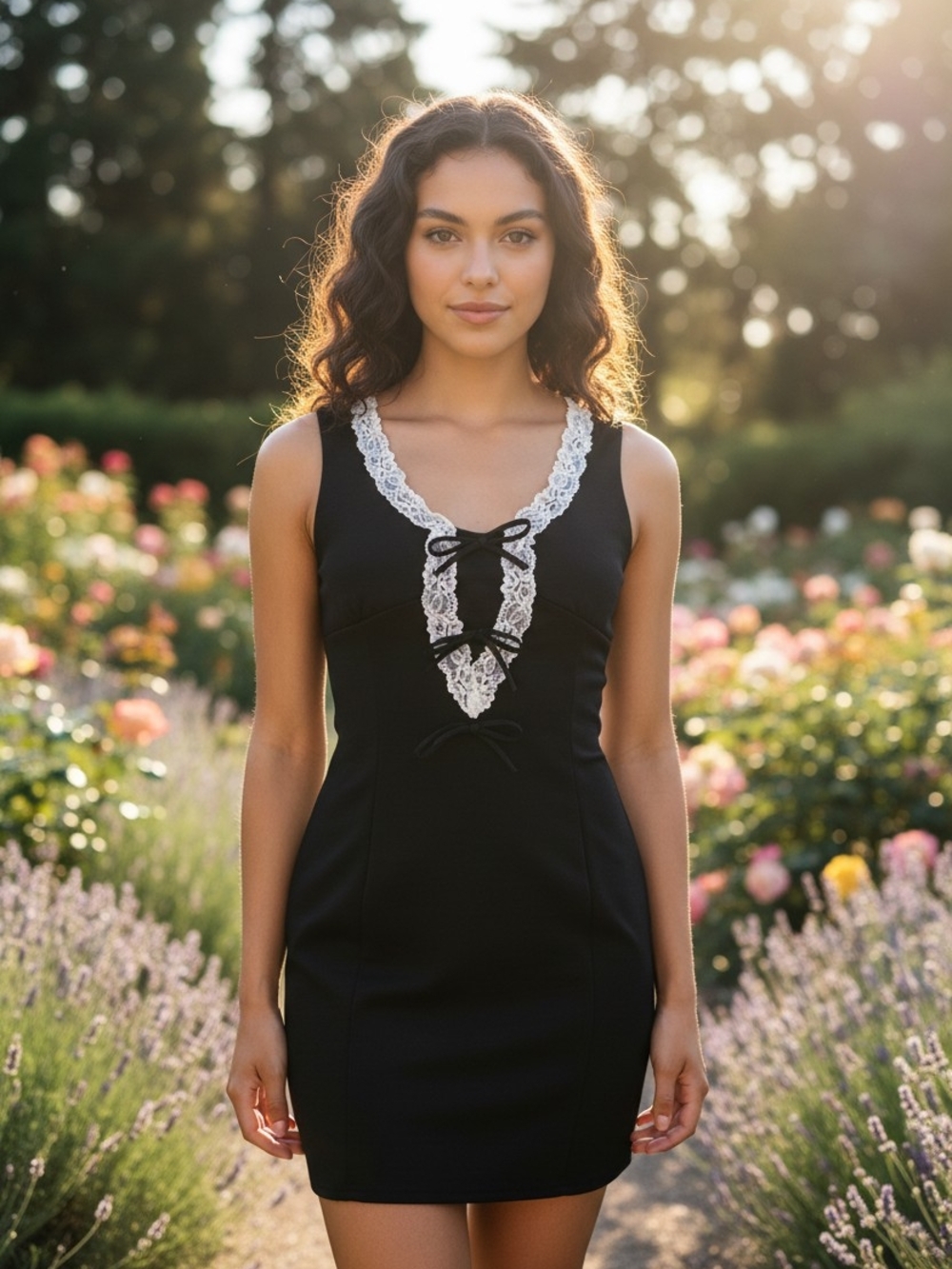 Black Lace-Trim Sleeveless Mini Dress